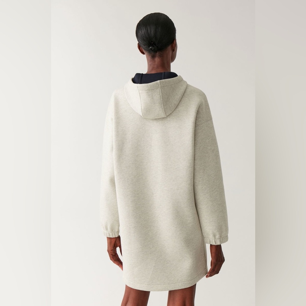 COS Scuba Hooded Dress M/L Kangaroo Pocket Grey Cream Drawstring Hood Modern - Picture 3 of 12